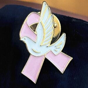 Vintage Enamel Pink Breast Cancer Awareness Ribbon Lapel Pin With Hope Dove Gift